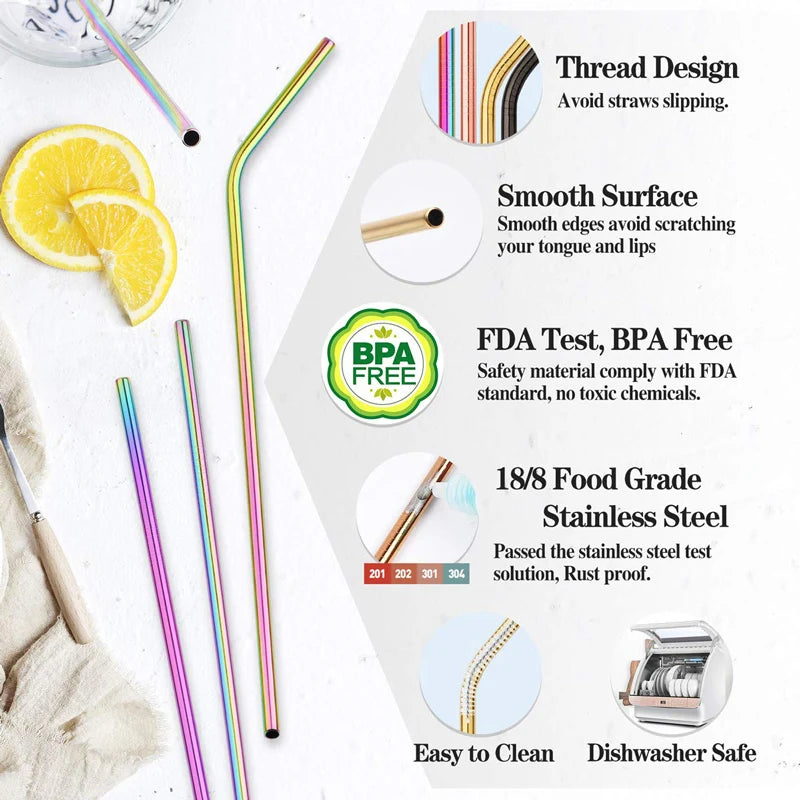 Elegant Reusable Metal Straws Set with Cleaner Brush
